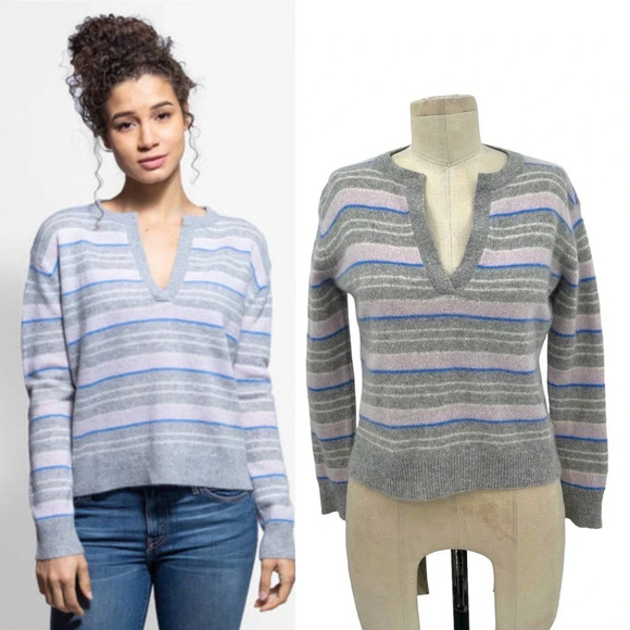 360 Cashmere Rosa Sweater Long‎ Sleeve V-Neckline Striped Gray Blue Size XS - Picture 1 of 9